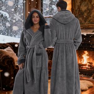 TEMU 남성용 두꺼운 풀 커버리지 목욕 가운 - 코랄 플리스 후드 겨울 로브 - 남녀공용 커플 잠옷 - 새로운 게으른 담요 - 단색 긴 목욕 가운 - 긴 플러시 보온 보냉 - 허리 끈과 오버사이즈 포켓이 특징으로 편안한 스타일