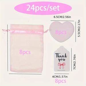 TEMU 24피스 선물 세트, 핑크 하트형 메이크업 거울 + 핑크 거즈백 + 감사 카드, 컴팩트 휴대용 귀여운 거울, 웨딩 선물 파티 용품