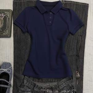 TEMU 여성 Y2K 스타일 V넥 반팔 폴로 셔츠 - 반팔, 핏 디자인, 레터 프린트, 캐주얼 스타일, 여성 티셔츠