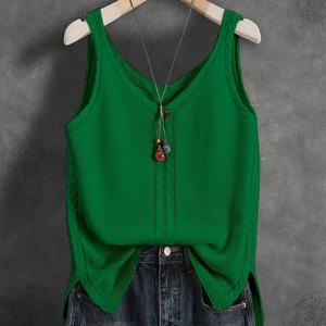 TEMU 새로운 다용도 아웃도어 캐주얼 조끼, 우아한 해변 휴가 트렌디한 조끼, 휴가 스타일 경량 브이넥 镂空 단색 민소매 패브릭 아우터웨어