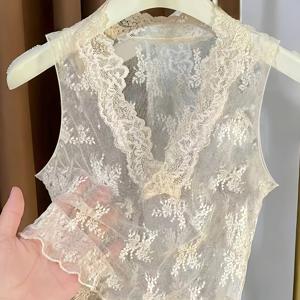 TEMU 여성용 딥 V넥 레이어드 레이스 베이스 셔츠, 메쉬 캐미솔 및 페이크 칼라가 특징인 신상 봄/가을 레이어드 레이스 베이스 셔츠