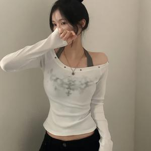 TEMU 스프링 신상 투피스 홀터넥 타이트핏 레트로 스타일 리벳 원단 칼라 오프숄더 탑, 특정 방향으로 걸어 다니세요