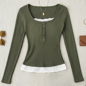 TEMU D5680 가을/겨울 트렌디 여성용 라운드넥 레이스 스플라이스 긴팔 티셔츠, 대비되는 색상, 활용도 높은 캐주얼 패션 상의