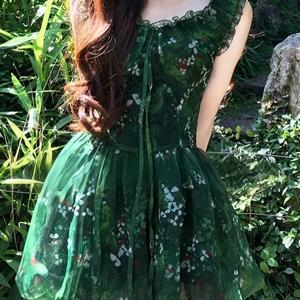 TEMU 여성 패션 고급스러운 숲의 녹색 숲의 요정 스타일 드레스, 여름 스퀘어넥 민소매 나비 플로럴 쉬폰 푹신한 스커트, 스위트 롤티스 스타일 스타일 스타일 야외 데이트 피크닉 숏 드레스