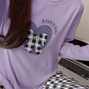 TEMU 청소년용 봄/가을 리본과 하트 패턴 파자마 세트, 긴 소매 편안한 홈웨어