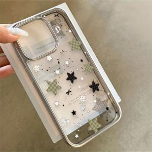 TEMU 체크무늬 별 패턴 아이폰 17/17 Air/16/15/14/13/12/11 Pro Max/XR/XS/XS Max 시리즈용 폰 케이스, 크리스마스 새해 선물, 친구, 친척, 파트너, 생일 선물, 비즈니스 선물 - 전기도금 클리어 케이스 - 매트 실버리 - 체크무늬 별 486TC