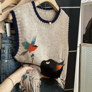 TEMU 여성용 민소매 스웨터 조끼 자켓 - 고양이 & 새 프린트 칼라 & 트림, 네이비, 루즈핏 라운드넥 코트, 가을 겨울용, 손세탁 가능한 우아한 아우터웨어