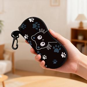 TEMU 귀여운 카와이 블랙 캣 소프트 케이스, 일상 사용에 적합 - 발자국 디자인 지퍼 안경 가방, 안경 보관용 보호 케이스, 고양이 애호가를 위한 컴팩트 케이스, 선물 및 액세서리