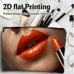 TEMU 1개 2D 평면 프린팅, 립스틱 프린트가 있는 화장품 파우치, 밝은 오렌지 립스틱 패턴, 휴대용 화장품 가방, 재사용 가능, 여성용 화장품 파우치, 지퍼가 있는 야외 필수 보관 가방, 2D 평면