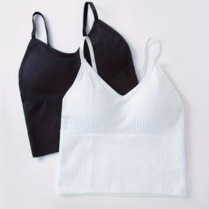 TEMU 2개입 간편 솔리드 골지 리브드 V넥 캐미탑, 올매치 패딩 캐미탑, 여성 란제리 & 속옷