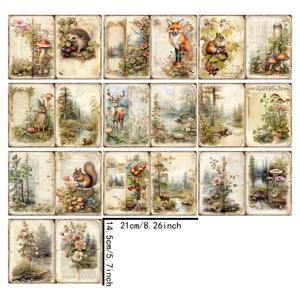 TEMU Vigus A5 사이즈 수제 종이 10장 - 숲 동물 및 식물 디자인, 여우와 꽃 그림이 있는 빈티지 책 질감, 저널링, 스크랩북 및 공예 프로젝트에 완벽한 Vignus 스크랩북 용지