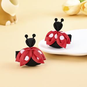 TEMU 귀여운 2개 세트 레이디버그 헤어 클립 소녀용 - 모든 계절 및 행사에 완벽한 귀여운 곤충 바레트와 그로스그레인 리본