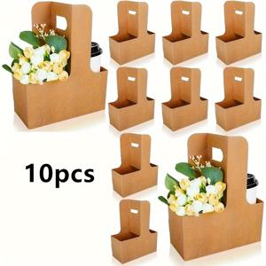 TEMU 튼튼한 크라프트 종이 이중 컵 홀더 10개 세트, 꽃꽂이용 선물 상자, 신선한 꽃 용기, 포장 및 테이크아웃 상자