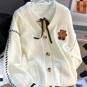 TEMU 유럽 및 미국에서 인기 있는 새로운 가을 컬렉션. 곰돌이 디자인의 드로스트링 컬러 블록 가디건 스웨터가 특징입니다.