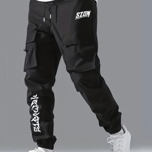 TEMU 봄/가을용 남성용 크로스보더 패션 프린트 카고 바지. 다중 포켓, 루즈핏, 테이퍼드 레그, 다용도 캐주얼 스타일, 그리고 스타일리시한 슬림 룩이 특징입니다.