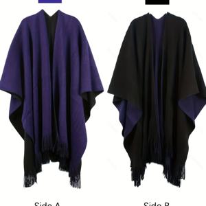 TEMU 플러스 사이즈 - 플러스 사이즈 - 플러스 사이즈 가을/겨울 양면 페이크 캐시미어 따뜻한 태슬 여성용 케이프 숄 민소매 코트