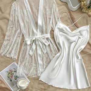 TEMU 가을/겨울 여성 레이스 패치워크 섹시 페이크 사계절 로브 & 나이트가운 투피스 세트