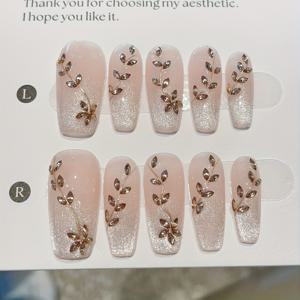 TEMU 10개입 중간 사다리꼴 수제 인조 손톱, 우아하고 고급스러운 인조 네일, 골드 및 누드 네일, 골드 꽃, 탈부착 가능 및 재사용 가능, 젤리 글루 1개 및 네일 파일 1개 포함, 데일리, 직장, 학교, 데이트, 파티, 댄스에 적합