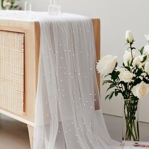 TEMU 흰색 투명 레이스 테이블 러너 1개, 진주 테이블 플래그와 함께 사용 가능, 신부 가리개 및 홈 데코에 적합—결혼식, 파티 및 축제 행사에 이상적.