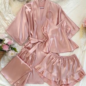 TEMU 여성용 올 시즌 V넥 파자마 세트 - 편안하고 섹시한 폴리에스터 4pcs 잠옷, 타이 웨스트와 드로스트링 반바지, 가을과 겨울에 완벽한 가을 겨울 잠옷 | 세련된 잠옷 | 폴리에스터 소재