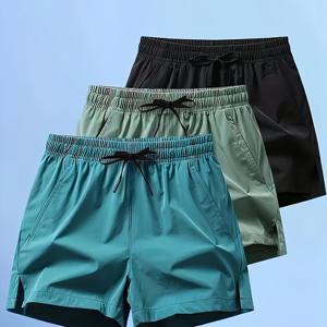 TEMU 남성용 여름 92% 폴리에스터 단색 마이크로탄성 드로스트링 포켓 캐주얼 스포츠 수영복 반바지 3개 세트