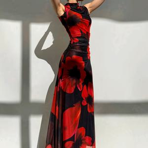 TEMU 봄-여름 우아한 플로럴 프린트 민소매 맥시 드레스, 여성 파티 이브닝 가운