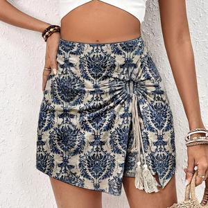 TEMU 우아한 스페셜 에디션: 여름 트렌드를 풀어보세요! 독특한 매력을 위한 디테일의 하이웨이스트 그레이 패턴 쇼츠