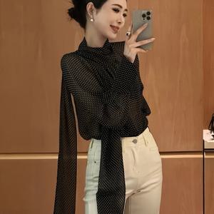 TEMU 여성용 프렌치 스타일 홀터넥 리본 폴카 도트 쉬폰 블라우스, 봄/가을 경량 루즈핏 셔츠, 빈티지 디자인 기품 있는 상의