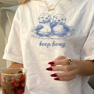 TEMU 반팔, 두 마리 바다수달 물결 여성 원피스 트렌디 캐주얼 티셔츠, 반팔 라운드넥 캐주얼 탑, 여름과 봄, 여성 의류