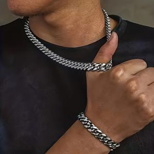 TEMU 남성용 Y2K 주얼리 7mm 두께의 알레르기 없는 쿠바 체인 팔찌 2개 세트 및 목걸이 - 스테인리스 스틸로 제작되어 내구성이 뛰어나고 변색이 적고 튼튼하며 부식에 강합니다.