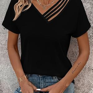 TEMU 여성용 스타일리시 아сим메트리 V넥 티셔츠 - 봄, 여름에 완벽한 캐주얼 반팔 상의, 통기성, 부드러움, 편안함을 제공하는 세련된 디자인