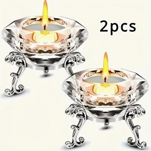TEMU 세련되고 아름다운 2개 K9 투명 촛대 세트 (광택 금속 스탠드 포함) - 가정, 사무실 및 피크닉 파티 장식에 완벽한 선택