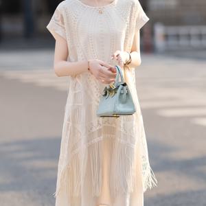 TEMU 플러스 사이즈, 우아한 여성 드레스 2025 여름 신상 프린지 레이스 패치워크 반팔 라운드넥 드레스