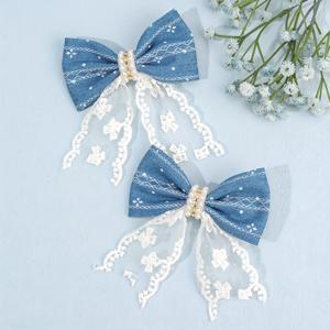 TEMU 2개 데님 리본 헤어클립 레이스 태슬 장식 - 귀여운 카와이 헤어 액세서리, 땋은 머리, 포니테일, 번, 프롬, 웨딩, 파티용