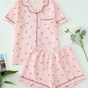 TEMU 여름 새로운 스타일 파자마 반팔 스ーツ 플레드 프린트 체리 캐주얼 반바지 두 개의 집 옷