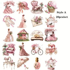 TEMU 20개/세트 빈티지 정원 하우스 스티커 - 레트로 핑크 드레스 레이디 고품질 데칼, DIY 노트북 & 스크랩북 장식용