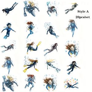 TEMU 20개 빈티지 스쿠버 다이버 스티커 - 레트로 수중 장식, 다이빙 기어 디자인, 매트 무광 스크랩북용, 플래너 및 아쿠아리움 테마 파티 , 해양 애호가와 다이버를 위한 고품질 프린트, 만화 일러스트, 크래프트 소품