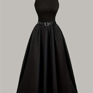 TEMU 조절 가능한 허리 벨트가 있는 우아한 블랙 슬리브리스 A라인 미디 드레스 - 허리 집착, 흐르는 스커트, 둥근 넥, 봄/여름에 완벽한 성인 여성 패션, 정장 행사 의상|슬기로운 핏 탑|조절 가능한 허리 벨트