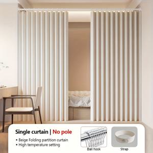 TEMU 폴대 없이 접이식 파티션 커튼 1개입, 베이지색, 회색, 파란색 색상으로 제공, 플라스틱 후크 포함, 스타일리시한 커튼 디자인, 간편한 관리, 세탁기 사용 가능, 침실, 거실과 같은 공간 분리를 위한 적합