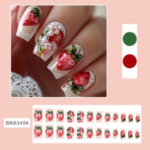 TEMU 여성을 위한 레이스 디자인 딸기 숏 스퀘어 인조네일 24개입