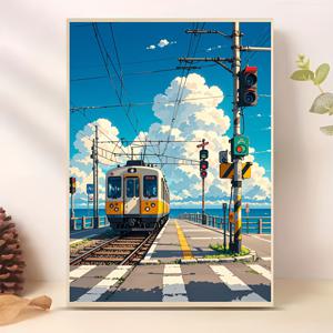 TEMU 1pc DIY 5D 풀 컬러 페인팅 키트 - 평온한 해변 열차 장면, 아크릴 라운드 아트, 프레임리스 벽 장식, 부활절, 크리스마스, 데이, 창의적인 공예 선물, 11.8x15.75인치, 아트