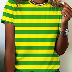 TEMU 여성용 봄/여름 프린트 반팔 크루넥 티셔츠, 캐주얼 반팔 티, 패셔너블한 반팔 크루넥 상의, 여성 의류, 폴리에스터 및 스판덱스 혼방, 기계 세탁 가능