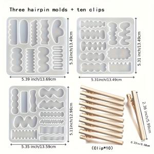 TEMU 레진 캐스팅 몰드 3개 세트 헤어핀 실리콘 몰드 조합 + 클립 10개, 에폭시 레진 캐스팅 헤어핀 몰드, 레진 주얼리 추가 제작 도구