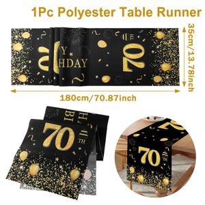 TEMU 1pc 우아한 70번째 생일 테이블 러너 - 검정색과 금빛 반짝임 및 불꽃놀이 디자인, 35x180cm, 폴리에스터, 성인 축하, 기념일, 파티 장식에 완벽, 생일 파티 장식
