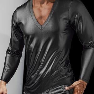 TEMU 남성용 가을 무광 마감 하의, 얼음 같은 부드러운 스트레치 원단, 브이넥 디자인, 스타일리시하고 캐주얼한 파티용 긴팔 상의
