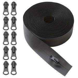 TEMU 5야드 블랙 방수 나일론 지퍼 세트 (4.5미터, 177.17인치). 슬라이더 10개 포함. 리버스 컬링 디자인으로 아웃도어 프로젝트, 등산 재킷, 텐트, 여행 가방 및 케이스에 적합