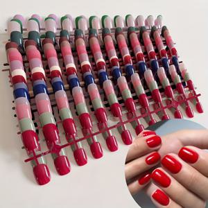 TEMU 120개입 짧은 사각 반짝이 멀티컬러 풀커버 프레스온 네일, 다양한 색상과 스타일, 여성 및 축제, 파티, 외출에 적합, 간편하고 재사용 가능