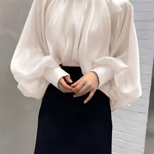 TEMU 우아한 하이넥 새틴 블라우스 퍼프 소매 - 루즈핏 긴팔 버튼업 셔츠, 솔리드 블랙 100% 폴리에스터, 중동 스타일 디자인 여성용, 사계절 활용 가능한 탑