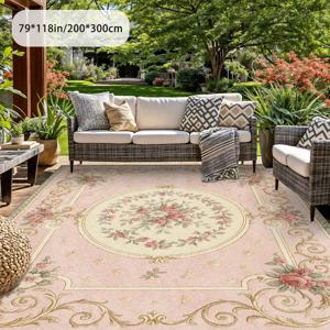 TEMU 유럽 스타일 빈티지 라이트 핑크 패턴 야외 러그 1개. 플러시 벨벳 소재, 1제곱미터당 850그램 무게, 미끄럼 방지 도트 플라스틱 뒷면. 세척 용이, 세탁기 사용 가능, 파티오, 피크닉에 적합