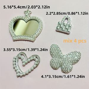 TEMU 4개/세트 우아한 화이트 펄 고급 왕관 실버 메이크업 거울 홀 퍼블 러브 하트 리본 풀 라인스톤 럭셔리 블링 나비 핸드백 장식 핸드메이드 찰미 케이스 액세서리 헤어핀 DIY 공예품 카와이 Y2K 소품